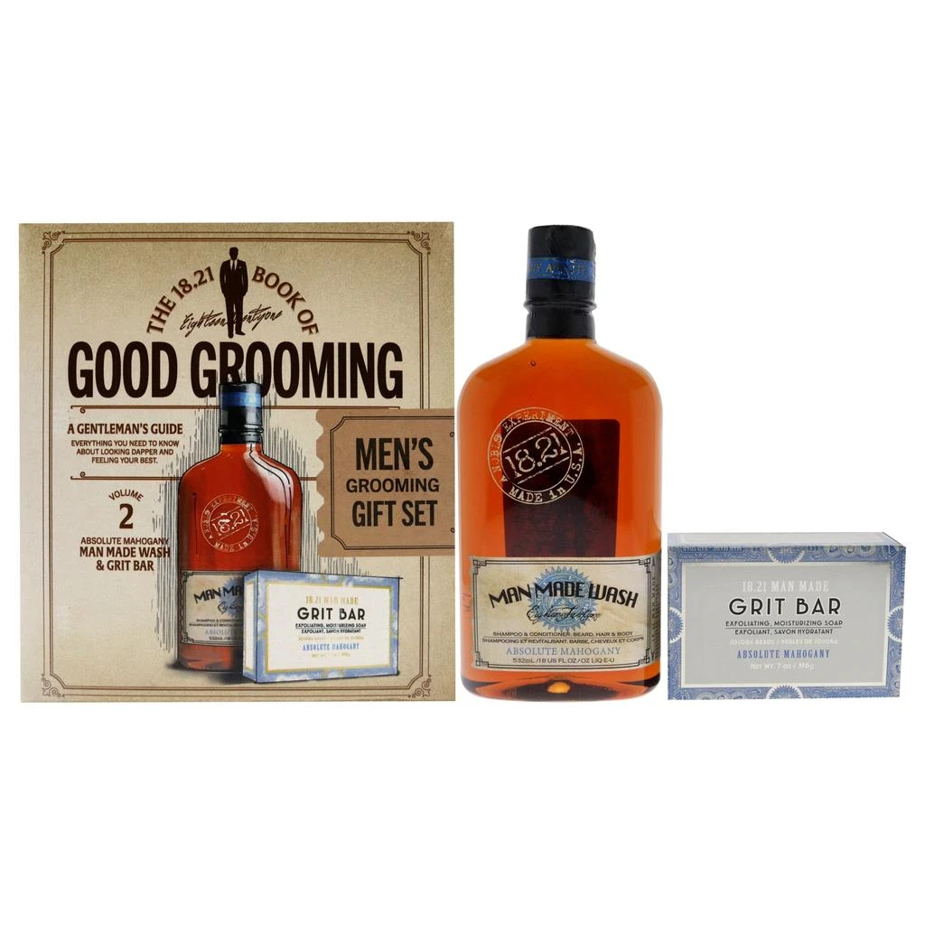 18.21 Man Made Book of Good Grooming Volume 2 Set - Absolute Mahogany by  for Men - 2 Pc 18oz Man Made Wash 3-In-1 Shampoo, Conditioner and Body Wash, 7oz Grit Bar 1