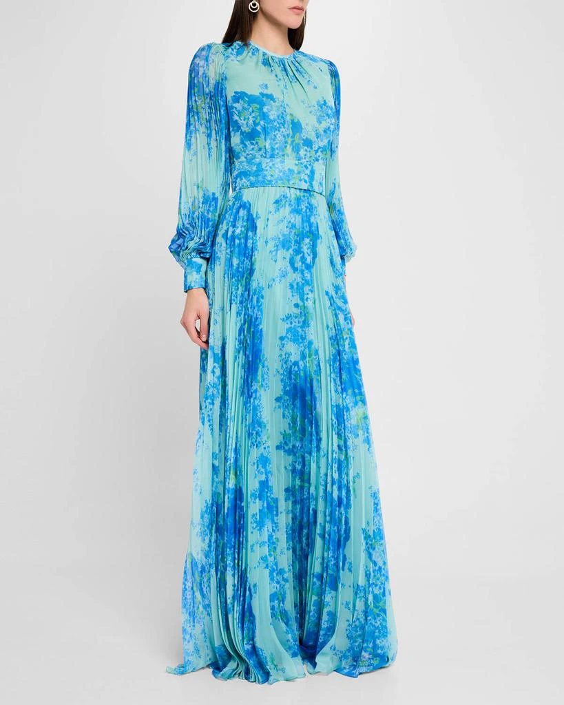 Teri Jon Pleated Floral-Print Blouson-Sleeve Gown 2