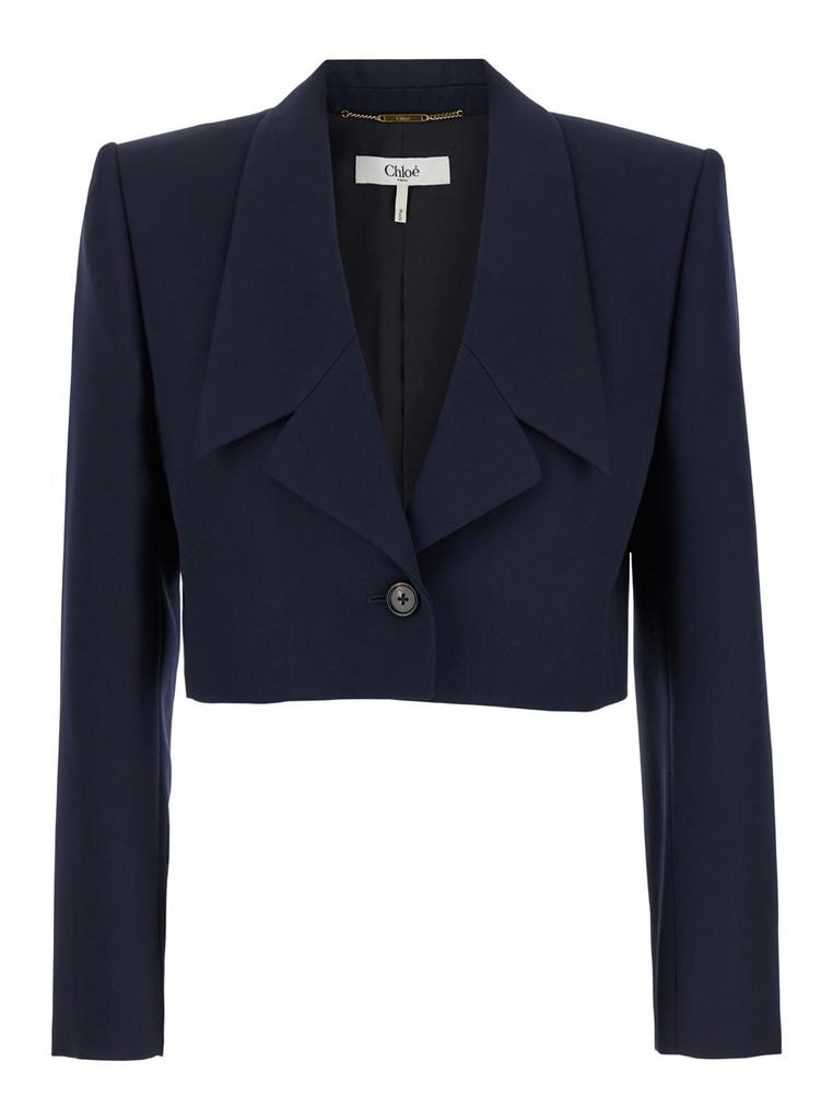 Chloé spencer Blue Single-breasted Crop Jacket In Grain De Poudre Wool Woman