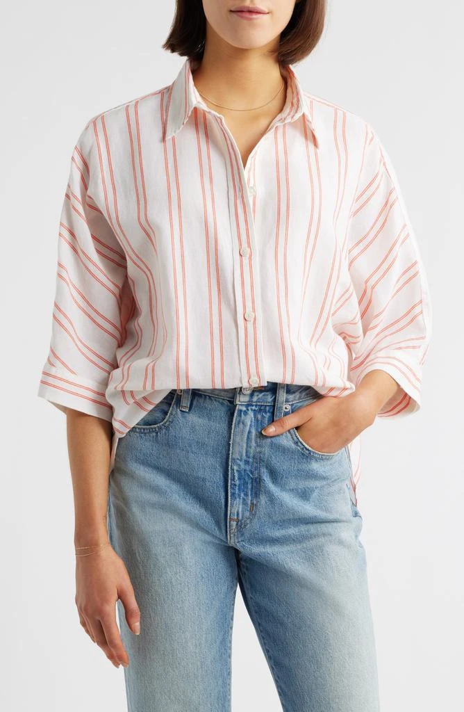 Madewell Stripe Pleat Sleeve Oversize Linen 
Cotton Button-Up Shirt