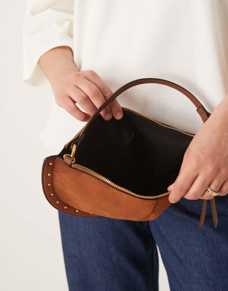 ASOS ASOS DESIGN faux suede scoop studded shoulder bag in tan
