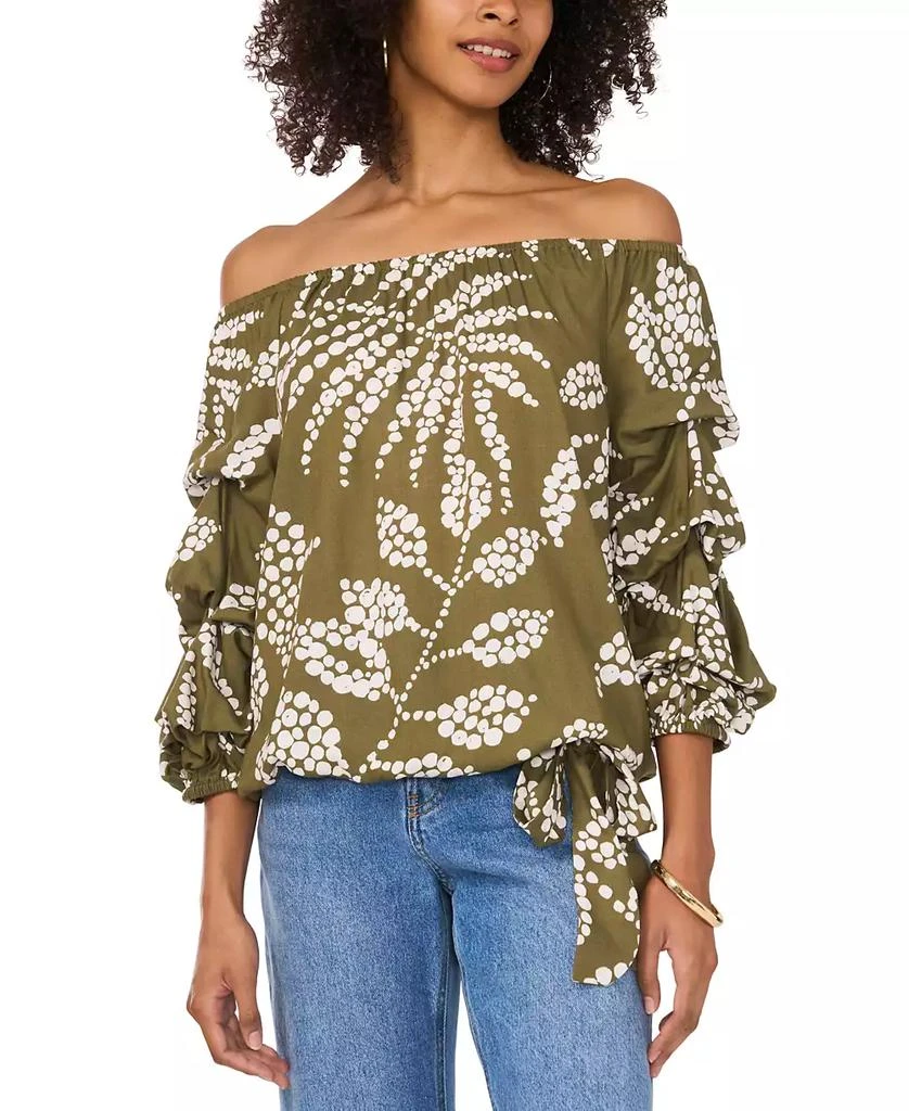 Vince Camuto Women's Tropical-Print Off-The-Shoulder Bubble 3/4-Sleeve Tie-Front Blouse 1