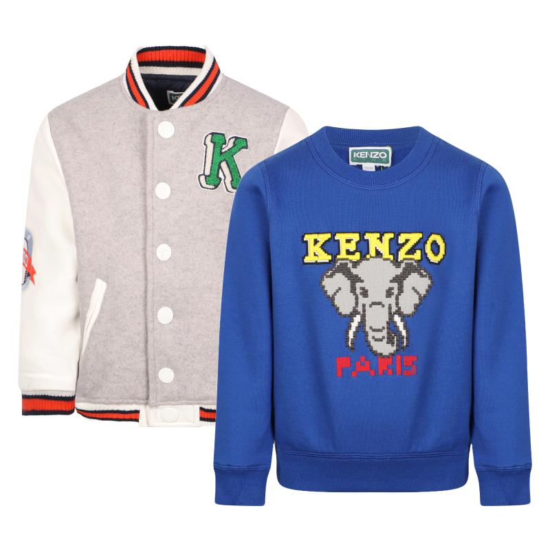 Kenzo Kids Colorful patches grey bomber and yellow neon logo and elephant print royal blue sweatshirt set