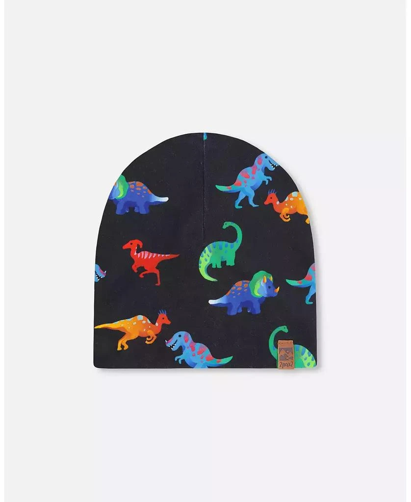Deux par Deux Boy Stretch Jersey Beanie Black Dinosaur Print - Toddler|Child