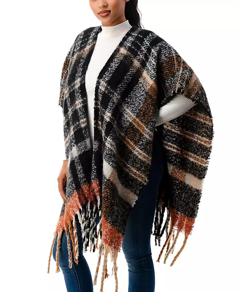 MARCUS ADLER Women's Plaid Cape Sweater with Fringe Detail