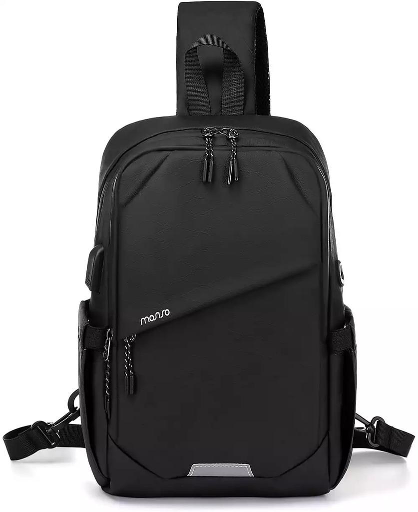 MOSISO Black Sling Backpack with USB Charging Port - Large Anti-Theft Hiking Daypack for Travel | 3-Layer Pocket Crossbody Chest Bag for Outdoor Sports