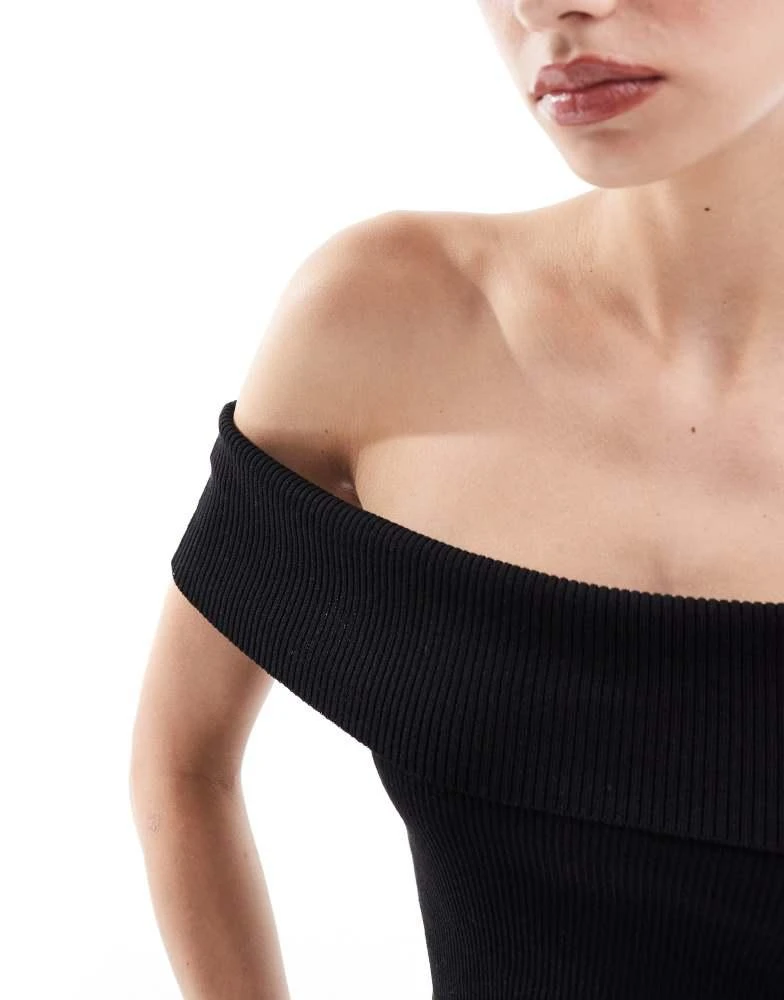 Monki Monki rib knit off shoulder foldover top in black 2