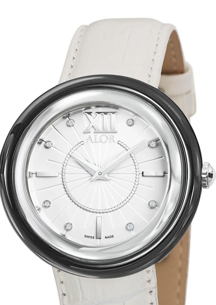 ALOR 0.04 Cts Leather Strap Diamond Watch In White