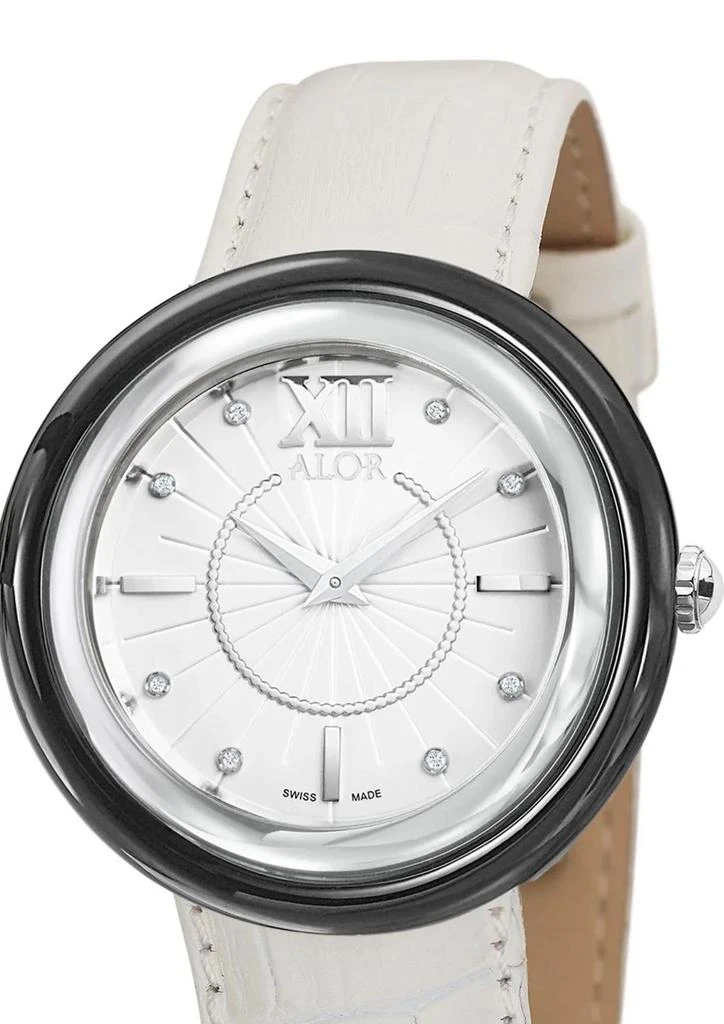 ALOR 0.04 Cts Leather Strap Diamond Watch In White 2