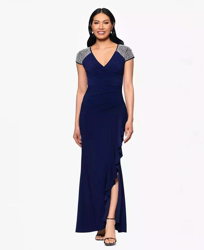 sachin and babi light blue dress Betsy & Adam Women's Sleeveless Mock Neck Ruched Gown main image 0