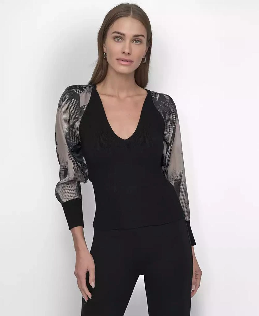 DKNY Women's Printed Organza-Sleeve V-Neck Shirt 1