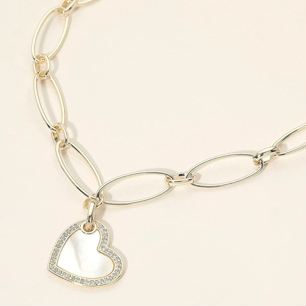 FASHNZFAB 14K Gold Plated Oval Link CZ Rim Mother of Pearl Heart Pendant Necklace