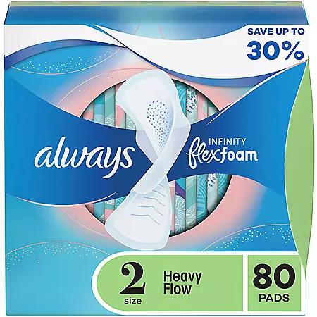 Always Always Infinity FlexFoam Heavy Flow Pads with Flexi-Wings, Unscented, Size 2, 80 ct.