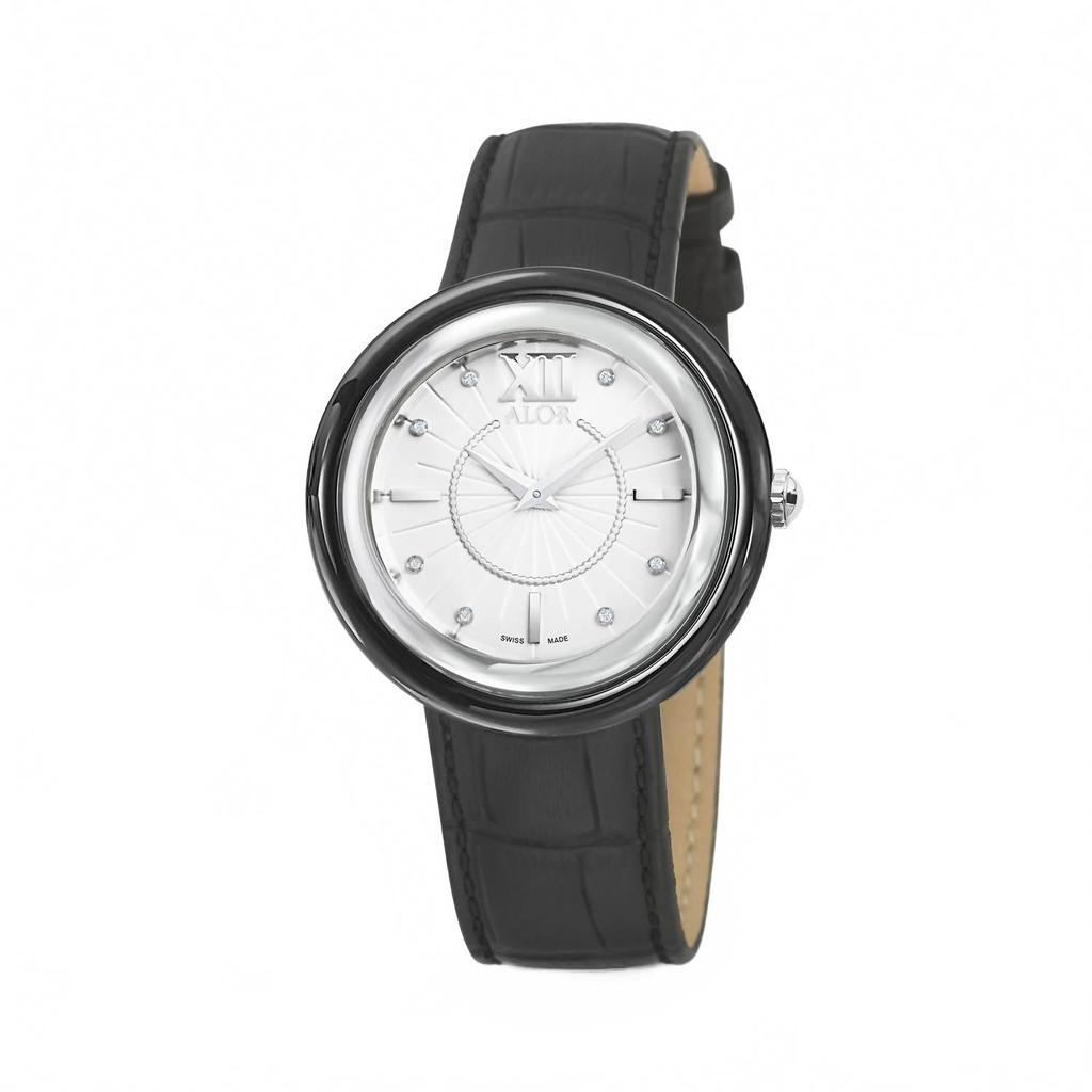 ALOR 0.04 Cts Leather Strap Diamond Watch In Black