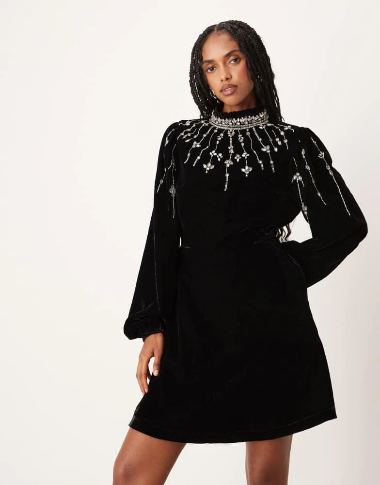 Hope 
Ivy Hope 
Ivy embellished high neck velvet mini dress in black 1
