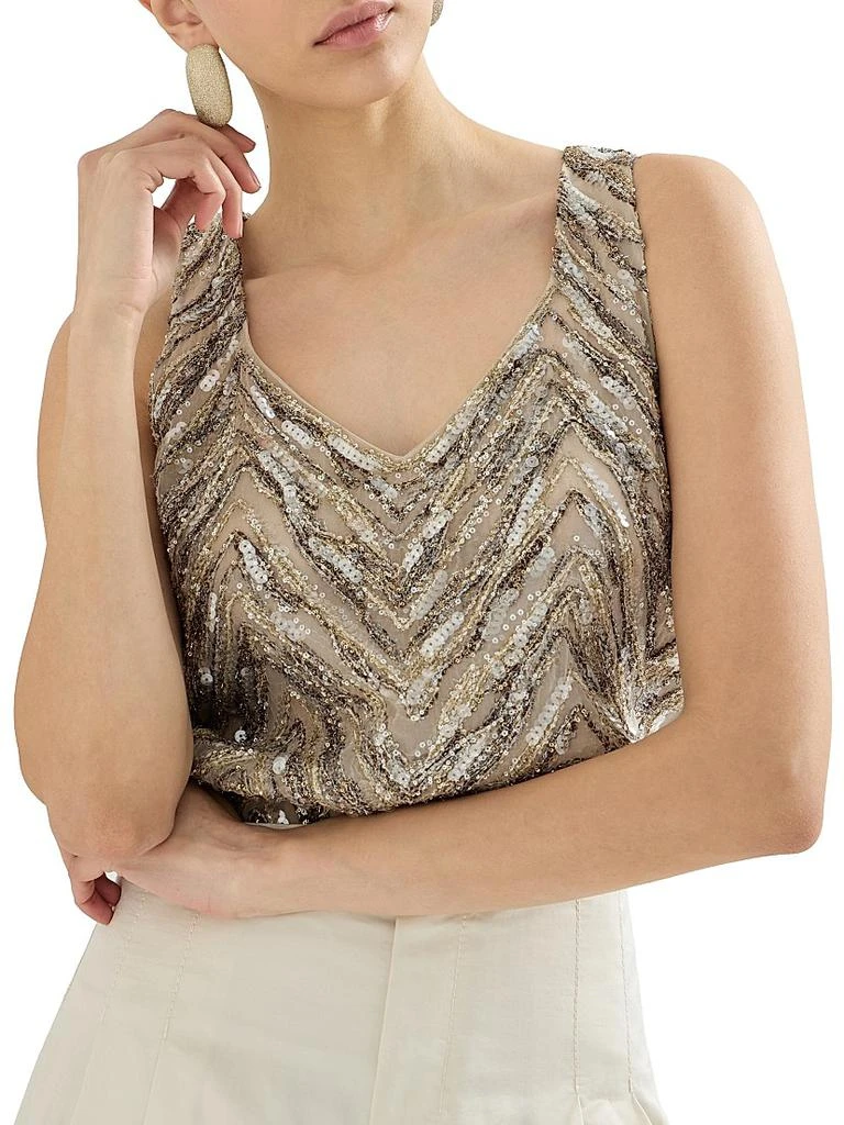 Brunello Cucinelli Crispy Silk Top with Dazzling Chevron Embroidery 5