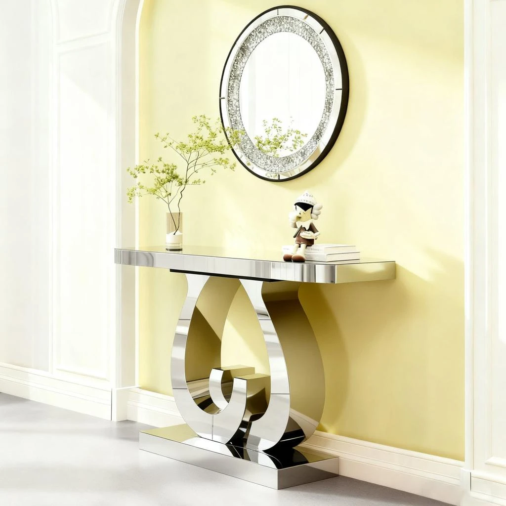 Streamdale Furniture Streamdale Modern mirror side table with double C-shaped base (silver) 5