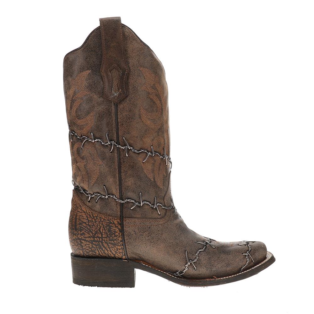 Corral Boots Brown Woven Barbed Wire Square Toe Rodeo Cowboy Boots