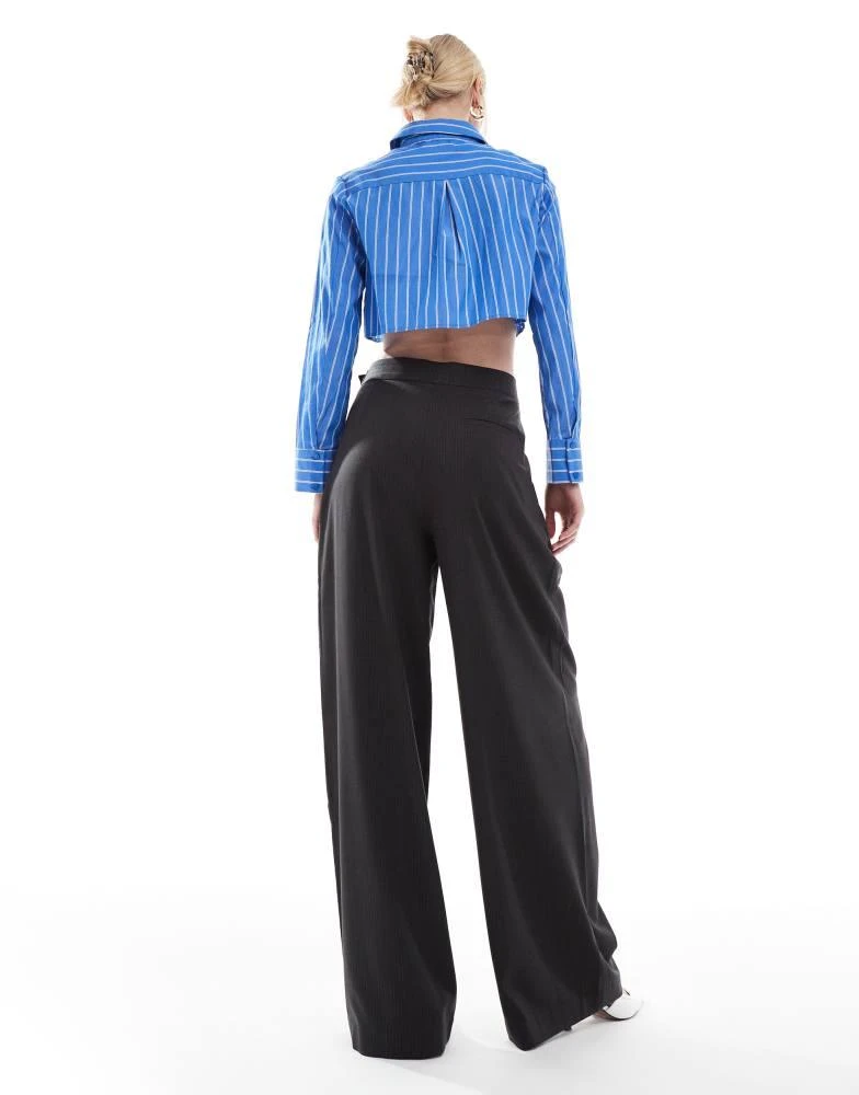 ASOS ASOS DESIGN Tall tailored wide leg trouser with asymmetric buckle detail in grey stripe 4