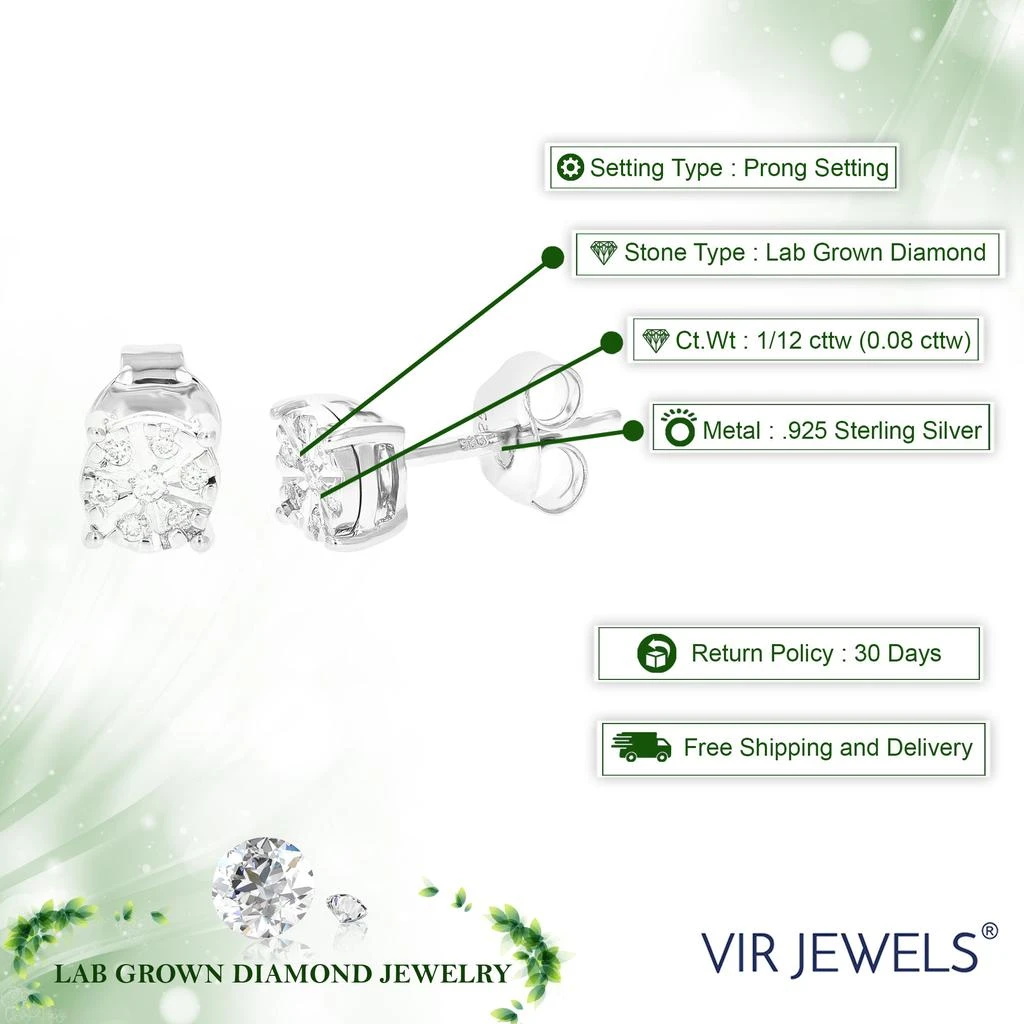 Vir Jewels 1/12 cttw 14 Stones Round Lab Grown Diamond Studs Earrings .925 Sterling Silver Prong Set 1/5 Inch 3