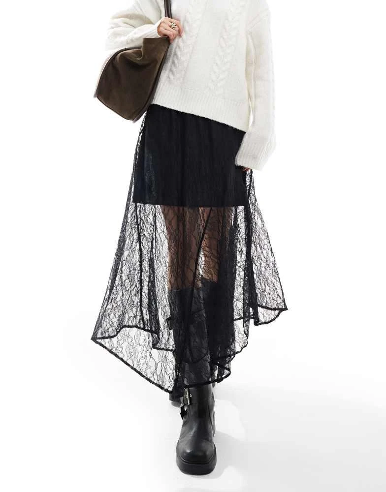 ASOS ASOS DESIGN asymmetric lace overlay midi skirt in black 3