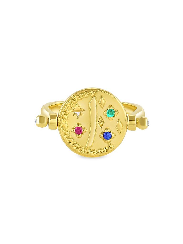 Mazahri Symbology 18K Yellow Gold & Multi-Gemstone Yak Coin Swivel Ring