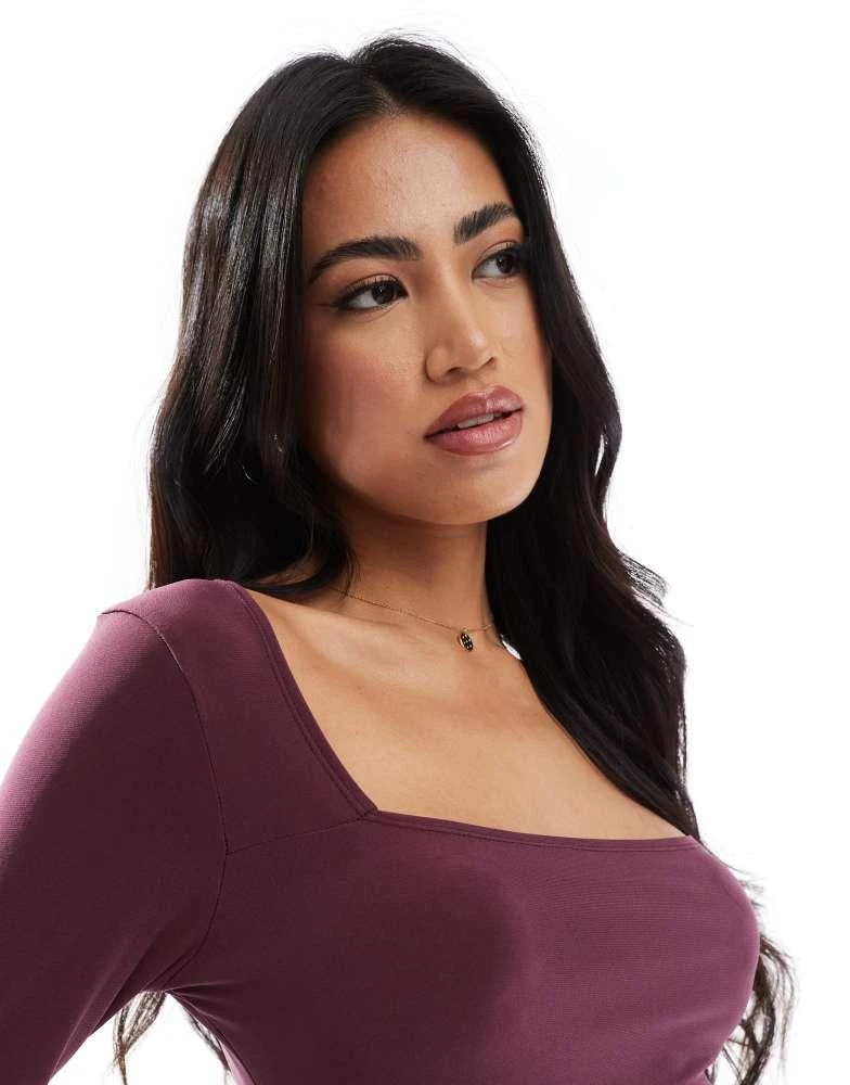Miss Selfridge Miss Selfridge square neck long sleeve bodysuit in burgundy 3
