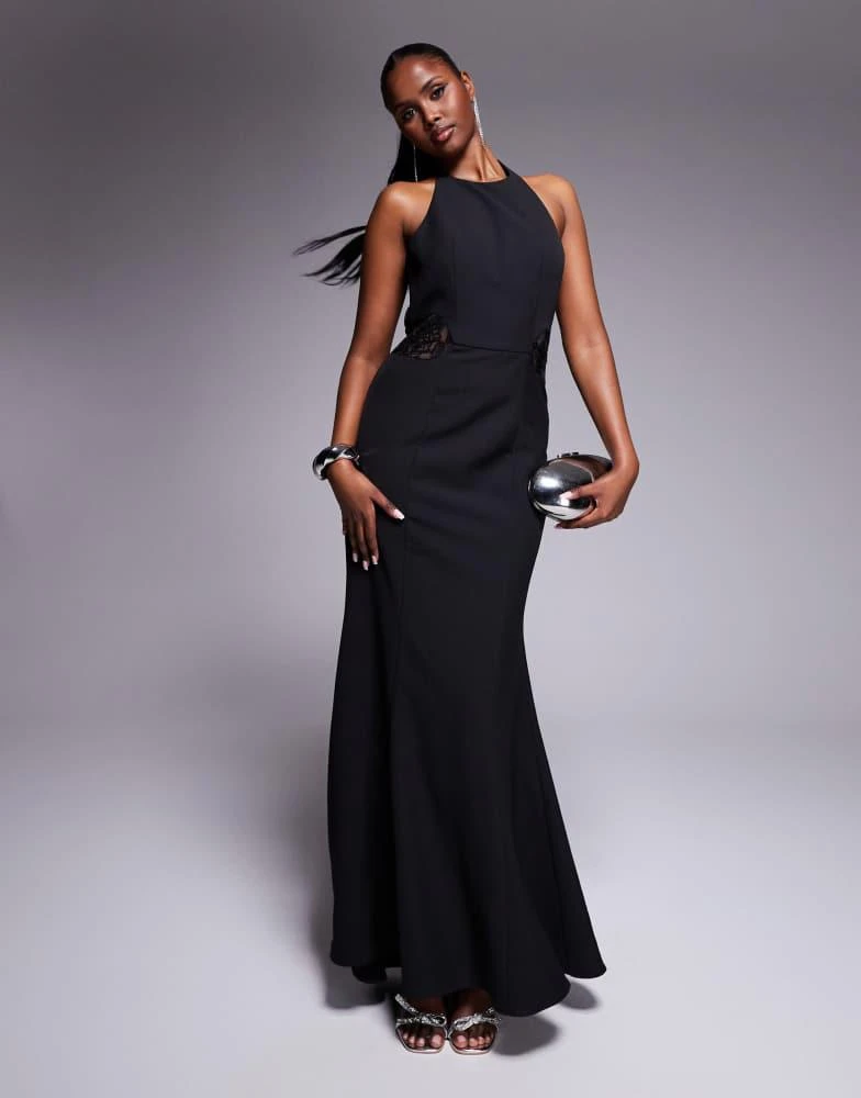 Jarlo Jarlo high neck fishtail maxi dress with lace panels in black 1