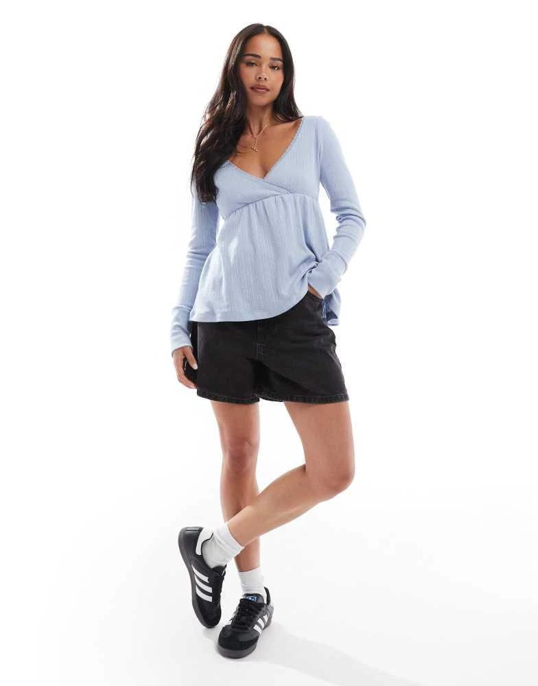 HOLLISTER Hollister long sleeve babydoll pointelle i top in blue 3