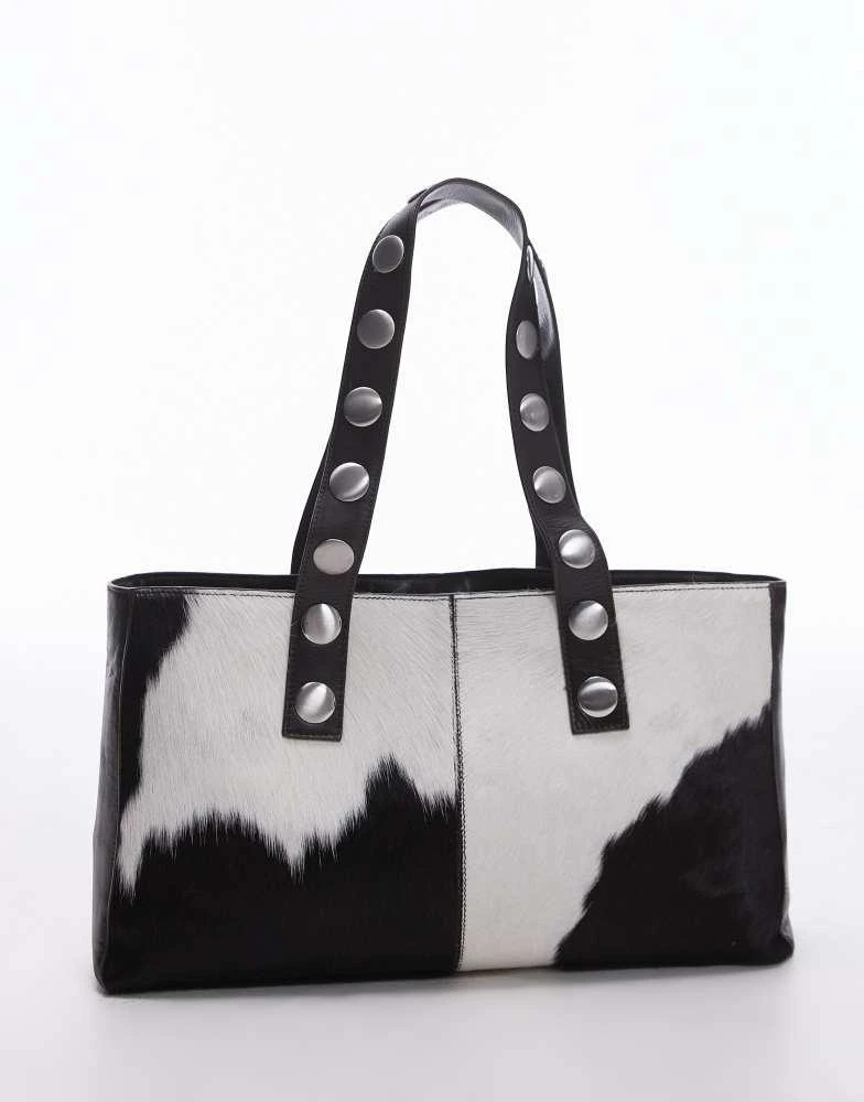 Mango Mango studded strap leather cow print bag in brown 4