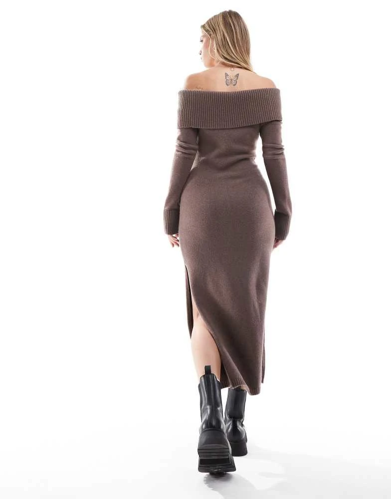 HOLLISTER Hollister slouchy off shoulder long sleeve midi dress in brown 3