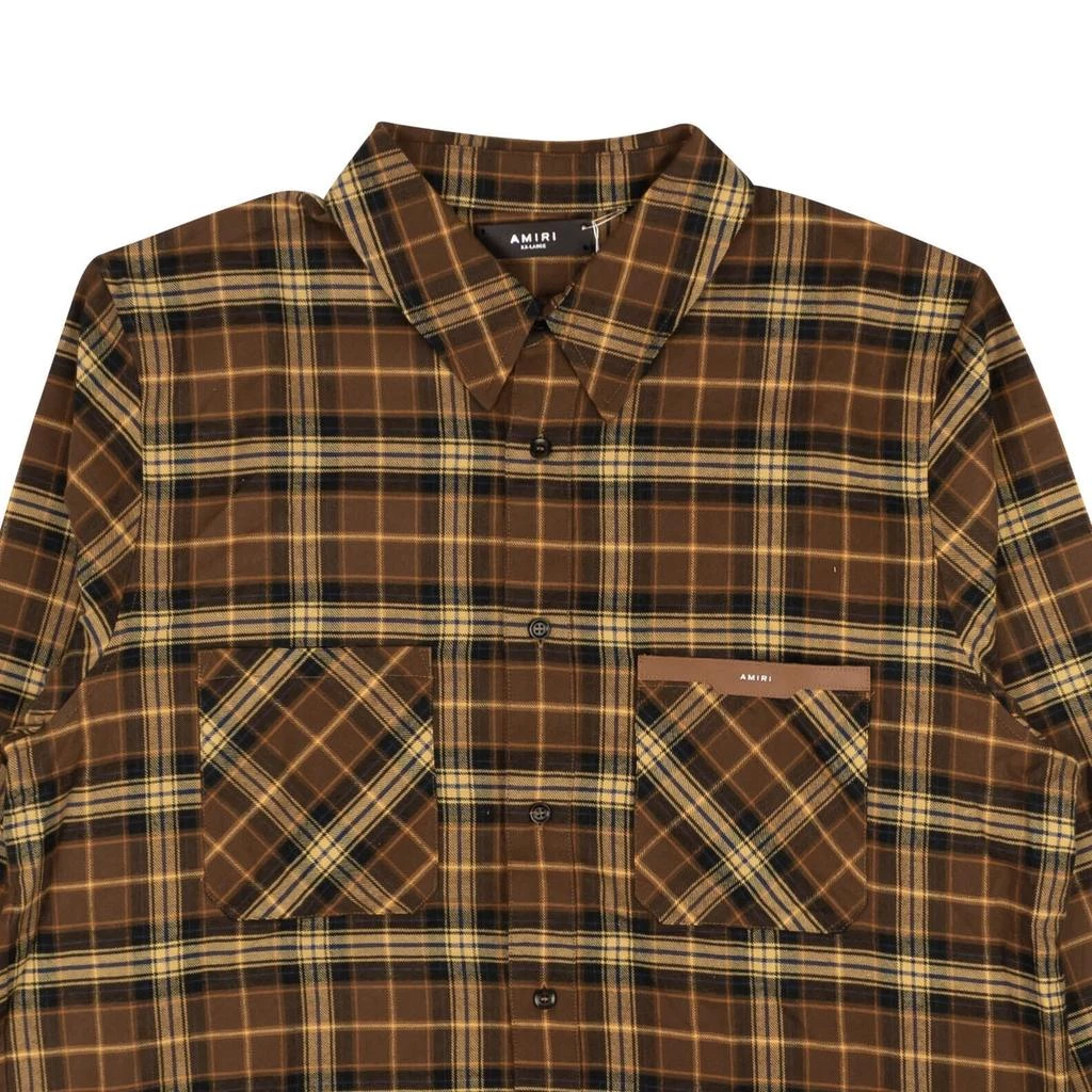 AMIRI Brown Leather Logo Flannel Button Down Shirt 3