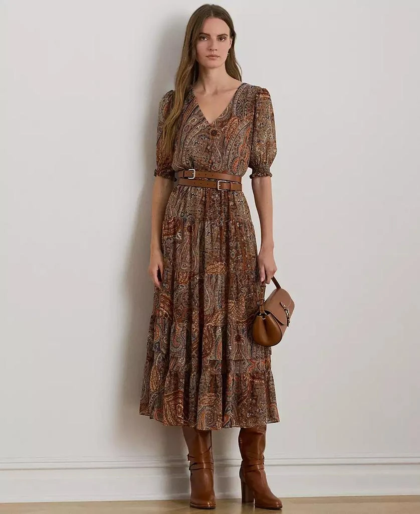 Ralph Lauren Women
s Paisley Belted Crinkle Puffed Sleeve Georgette Dress 1