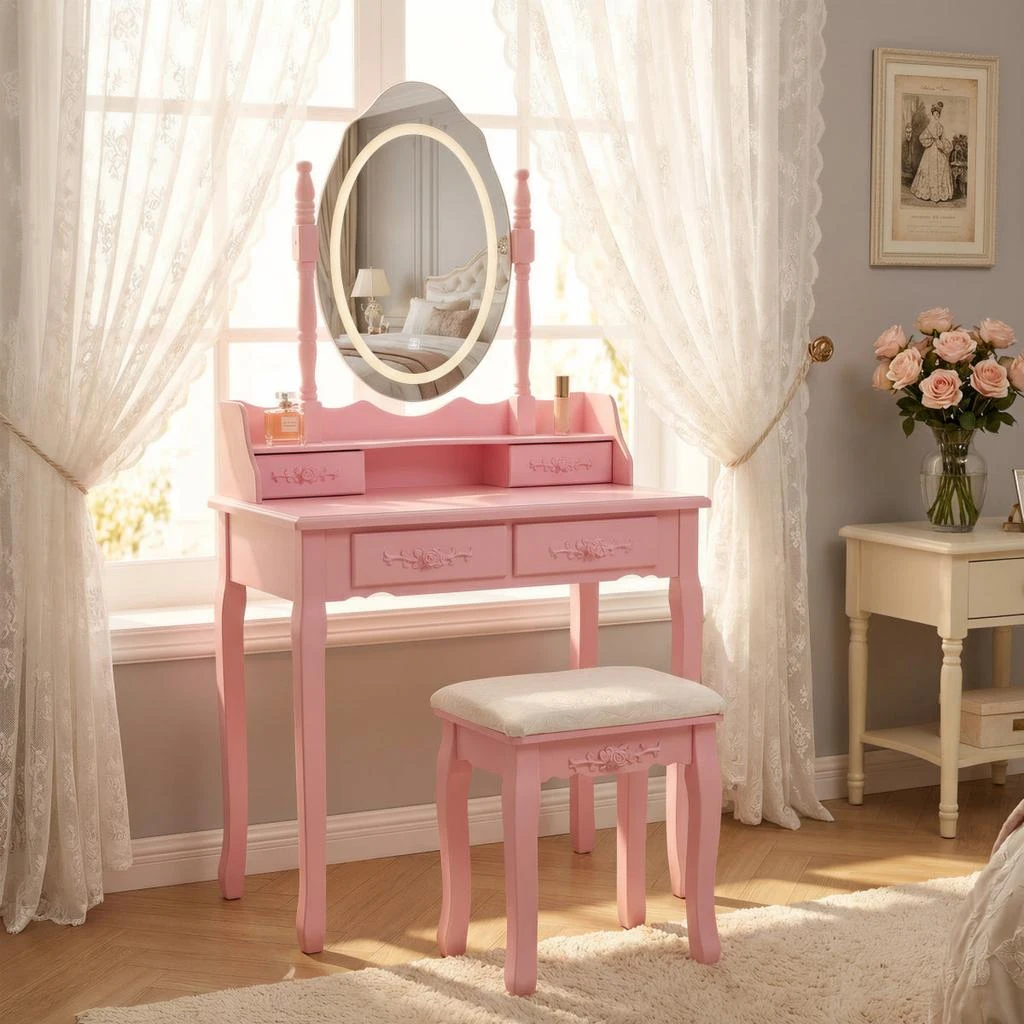 Streamdale Furniture Streamdale Pink Princess Vanity Desk Set with Mirror
Stool, 4 Drawers, Ample Storage