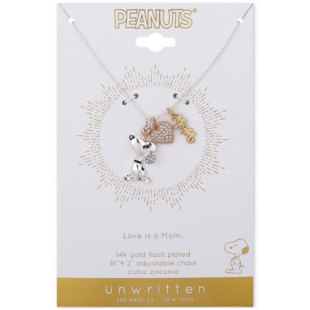 Peanuts Gold Flash Plated "Mom" Snoopy and Cubic Zirconia Heart Necklace, 16"+2" Extender