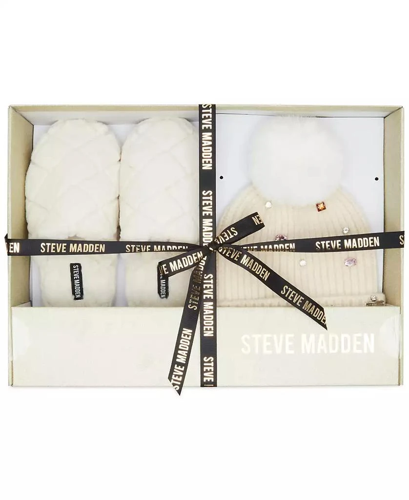 Steve Madden Women's 2-Pc. Embellished Beanie & Faux-Fur Slippers Boxed Gift Set 1