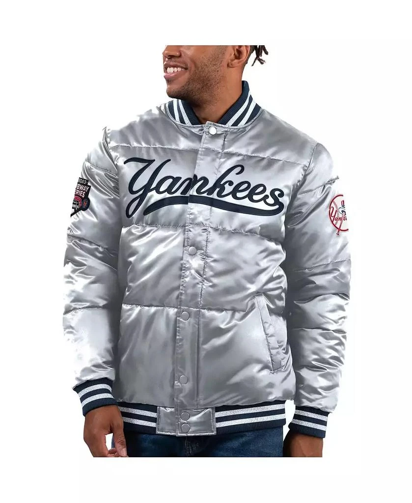 Starter Men's Silver New York Yankees Bronx Satin Full-Snap Varsity Bomber Jacket 1