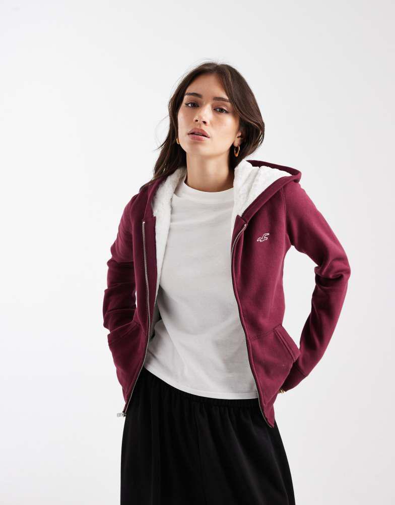 HOLLISTER Hollister full zip faux fur lining hoodie in burgundy