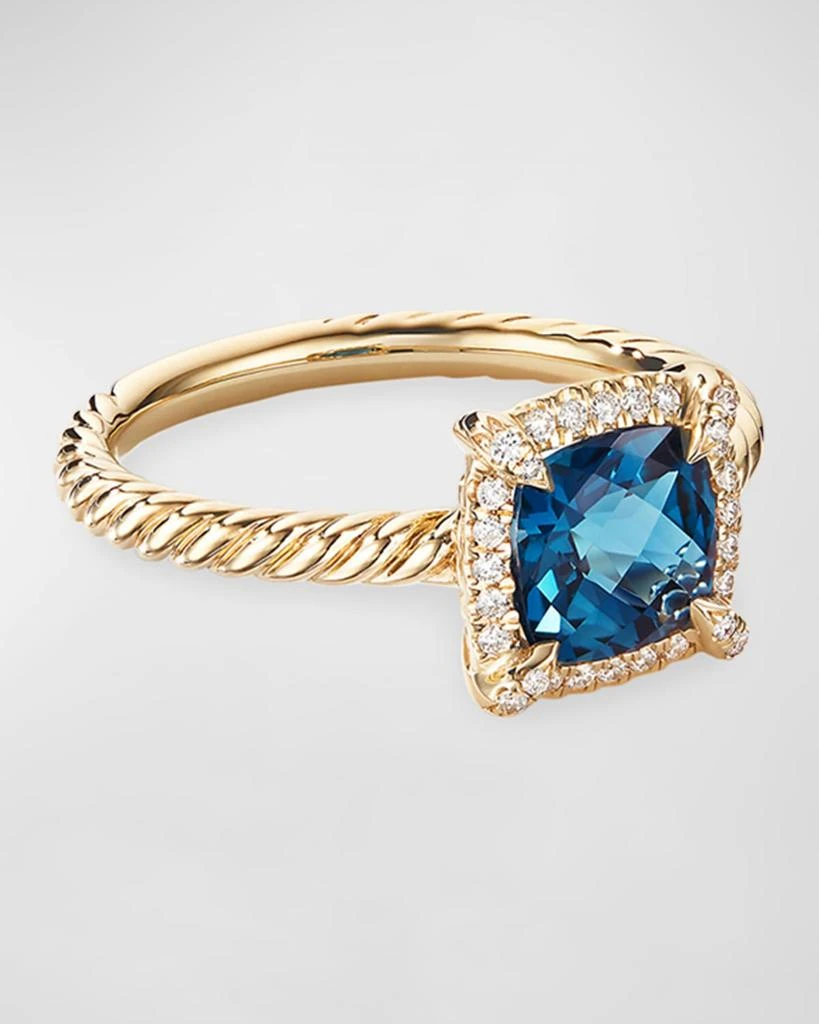 David Yurman Petite Chatelaine Pave Bezel Ring in 18K Gold with Blue Topaz