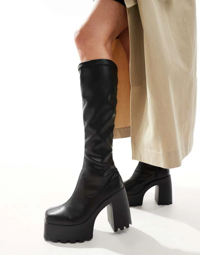 ASOS ASOS DESIGN Curve Cara square toe cleated knee boots in black 1