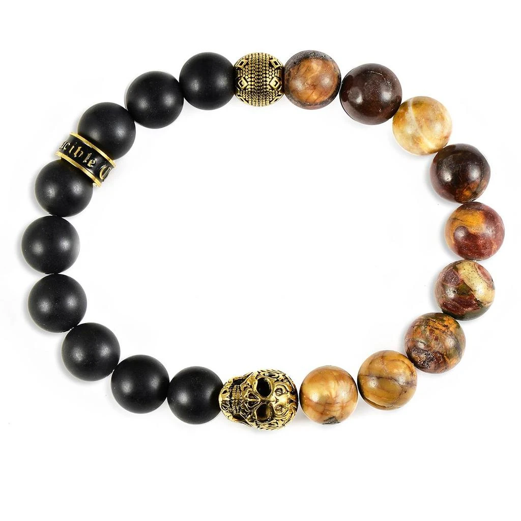 Crucible Jewelry Single Gold Skull Stretch Bracelet with 10mm Matte Black Onyx and Picasso Jasper Beads 3