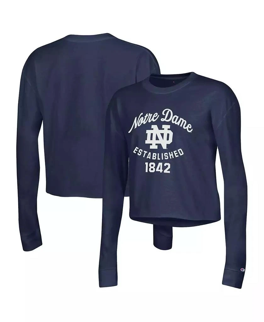 CHAMPION Women's Navy Notre Dame Fighting Irish Boyfriend Cropped Long Sleeve T-shirt 1