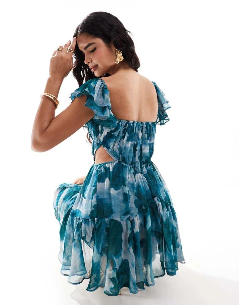 ASOS ASOS DESIGN flutter sleeve corset cut out mini skater dress in blue floral 2