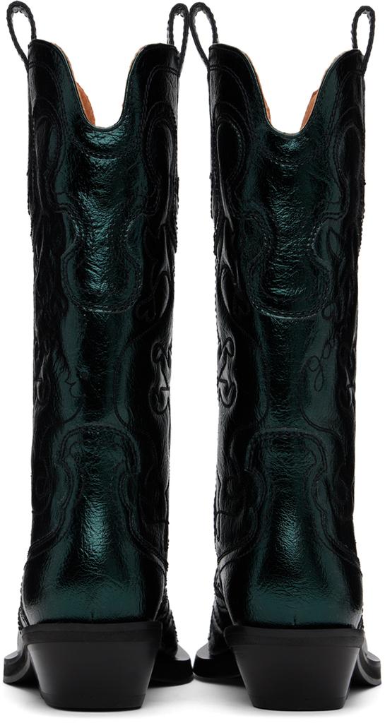 Ganni Green Metallic Mid Shaft Embroidered Western Boots
