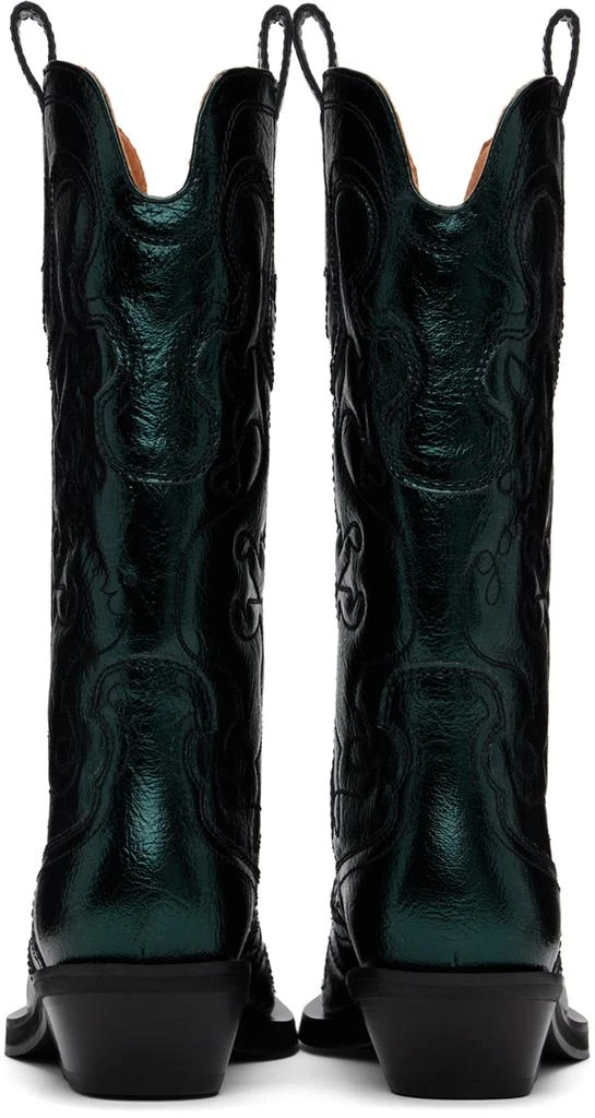 Ganni Green Metallic Mid Shaft Embroidered Western Boots 2