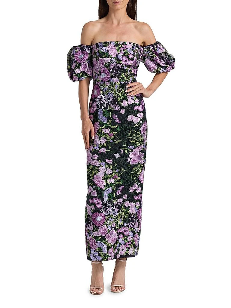 Milly Women's Nene Floral-Embroidered Mesh Off-The-Shoulder Maxi Dress - Purple Multi - Size 0