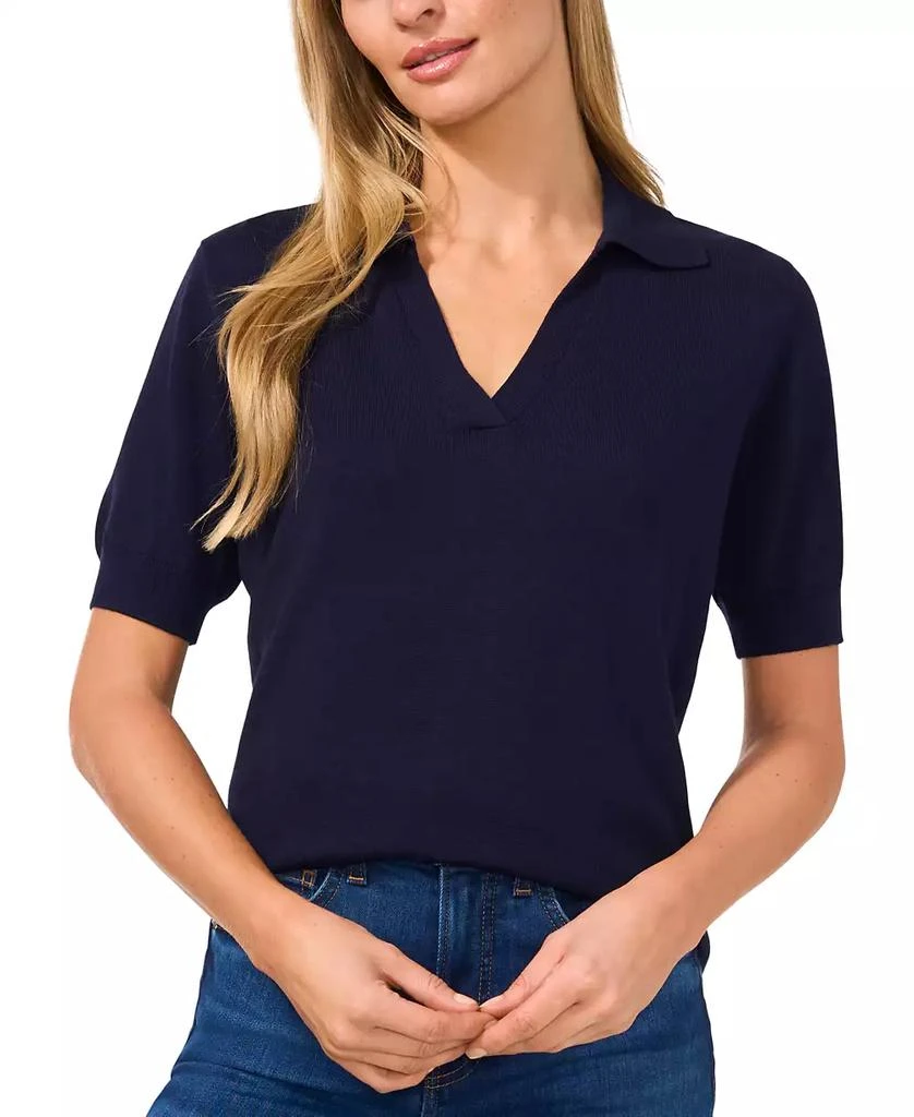 CeCe Women's Short Sleeve Collared Polo V-Neck Sweater 1
