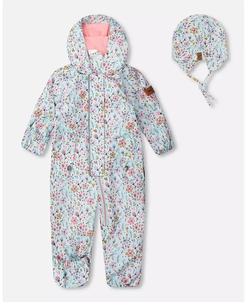 Deux par Deux Baby Girl Mid-Season One-Piece Outerwear with Hat Blue Mini Flower Print