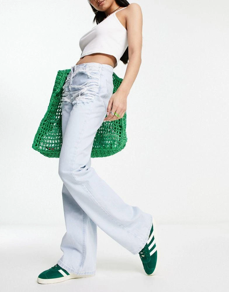 COLLUSION COLLUSION x008 distressed waistband Y2K flare jeans in light blue 4