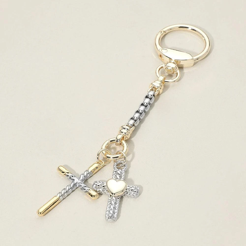 FASHNZFAB 14K Gold Plated Two Tone Double Cross Drop Keychain Bag Charm